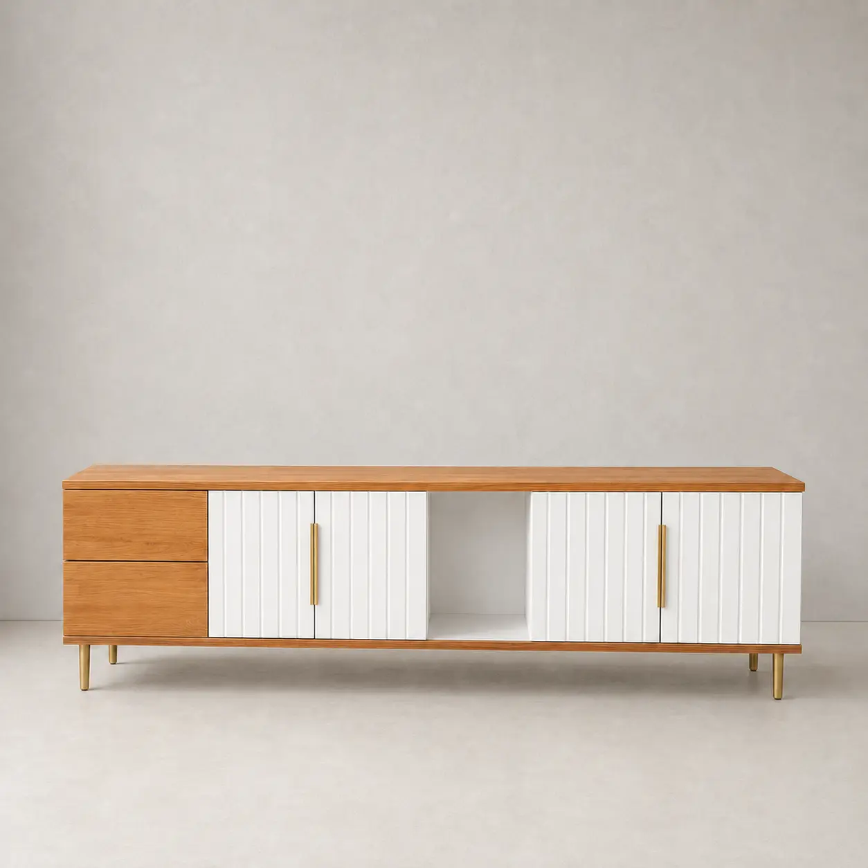 Detailed white, oak and gold TV console
